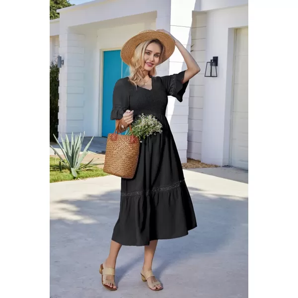 GRACE KARIN Womens 2023 Boho V Neck Short Flutter Sleeve Smocked Tiered Dress Empire Waist Ruffle Beach Long Maxi DressBlack
