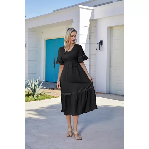 GRACE KARIN Womens 2023 Boho V Neck Short Flutter Sleeve Smocked Tiered Dress Empire Waist Ruffle Beach Long Maxi DressBlack
