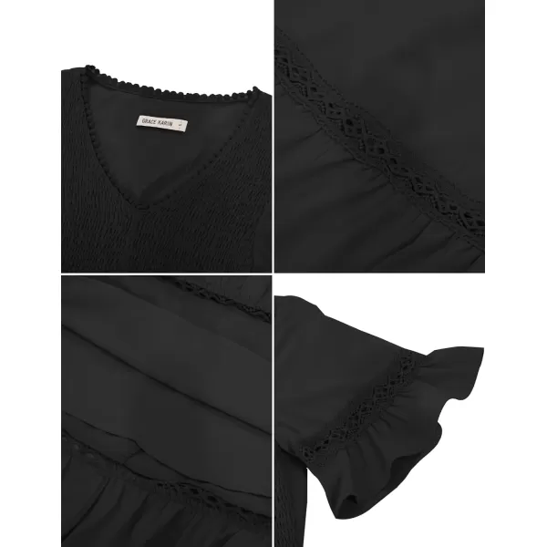 GRACE KARIN Womens 2023 Boho V Neck Short Flutter Sleeve Smocked Tiered Dress Empire Waist Ruffle Beach Long Maxi DressBlack