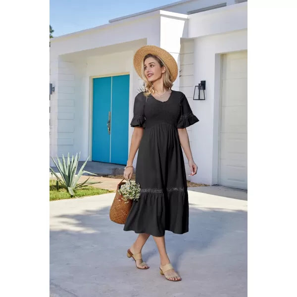 GRACE KARIN Womens 2023 Boho V Neck Short Flutter Sleeve Smocked Tiered Dress Empire Waist Ruffle Beach Long Maxi DressBlack