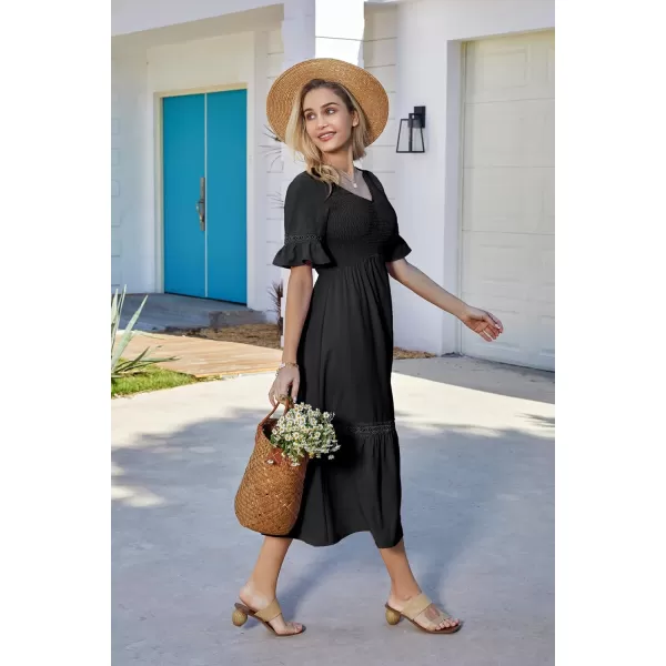 GRACE KARIN Womens 2023 Boho V Neck Short Flutter Sleeve Smocked Tiered Dress Empire Waist Ruffle Beach Long Maxi DressBlack