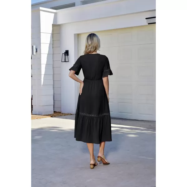 GRACE KARIN Womens 2023 Boho V Neck Short Flutter Sleeve Smocked Tiered Dress Empire Waist Ruffle Beach Long Maxi DressBlack