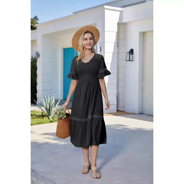 GRACE KARIN Womens 2023 Boho V Neck Short Flutter Sleeve Smocked Tiered Dress Empire Waist Ruffle Beach Long Maxi DressBlack