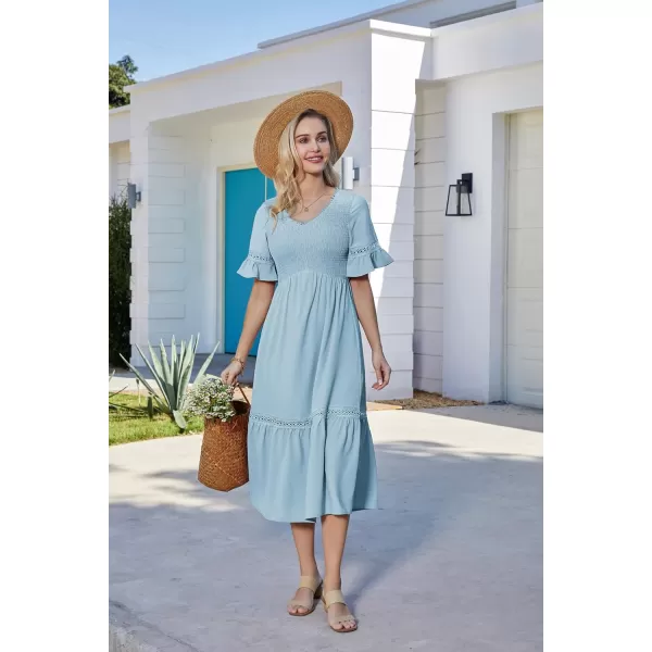 GRACE KARIN Womens 2023 Boho V Neck Short Flutter Sleeve Smocked Tiered Dress Empire Waist Ruffle Beach Long Maxi DressCameo Blue