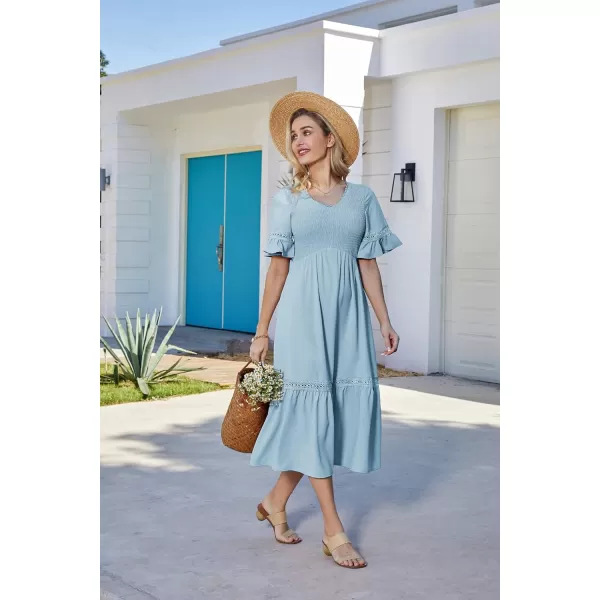 GRACE KARIN Womens 2023 Boho V Neck Short Flutter Sleeve Smocked Tiered Dress Empire Waist Ruffle Beach Long Maxi DressCameo Blue