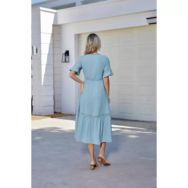 GRACE KARIN Womens 2023 Boho V Neck Short Flutter Sleeve Smocked Tiered Dress Empire Waist Ruffle Beach Long Maxi DressCameo Blue