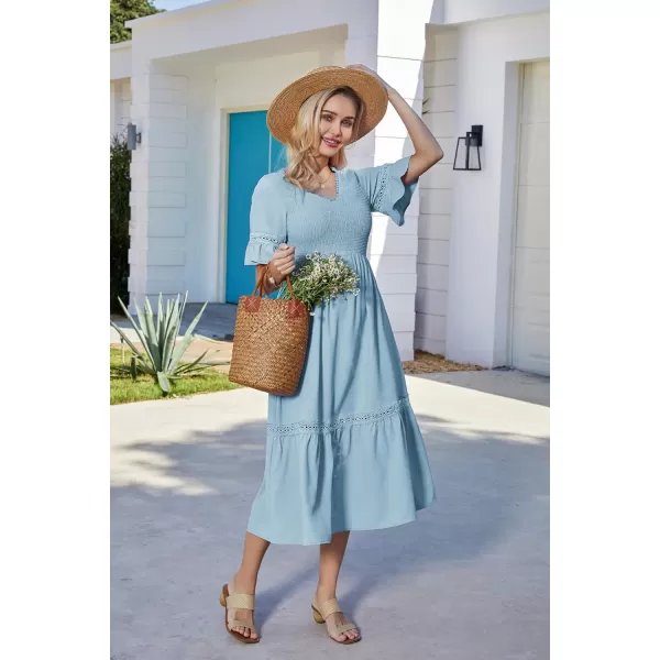 GRACE KARIN Womens 2023 Boho V Neck Short Flutter Sleeve Smocked Tiered Dress Empire Waist Ruffle Beach Long Maxi DressCameo Blue