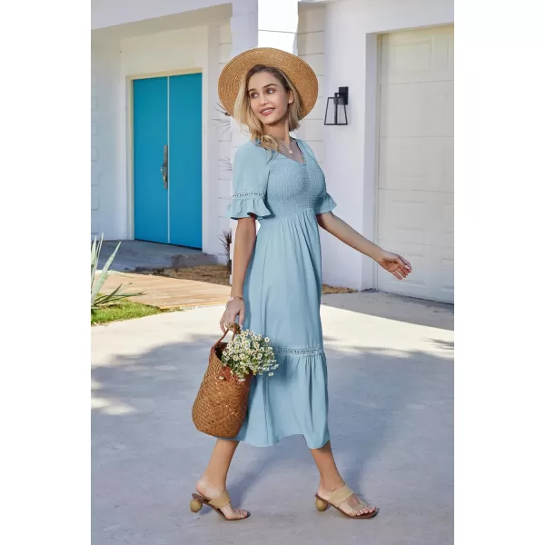 GRACE KARIN Womens 2023 Boho V Neck Short Flutter Sleeve Smocked Tiered Dress Empire Waist Ruffle Beach Long Maxi DressCameo Blue