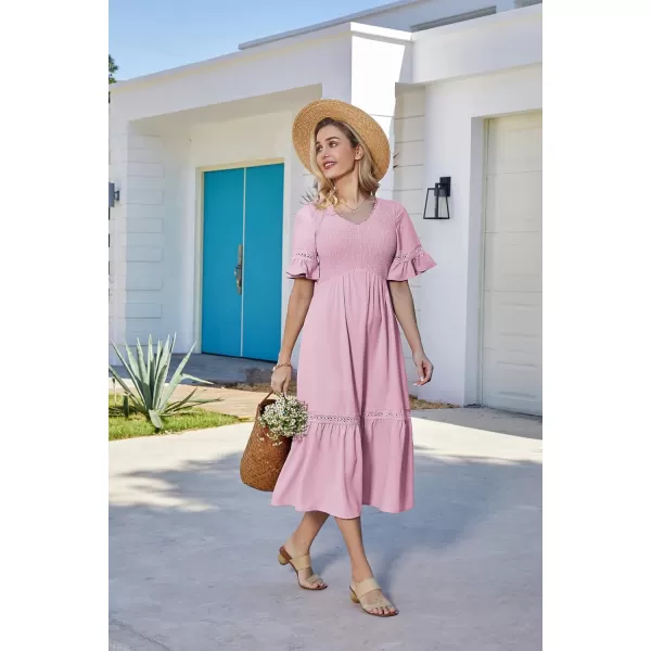 GRACE KARIN Womens 2023 Boho V Neck Short Flutter Sleeve Smocked Tiered Dress Empire Waist Ruffle Beach Long Maxi DressLight Pink