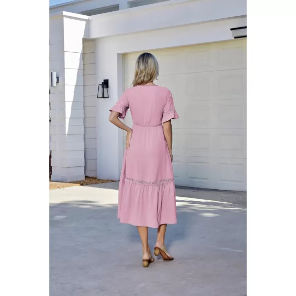 GRACE KARIN Womens 2023 Boho V Neck Short Flutter Sleeve Smocked Tiered Dress Empire Waist Ruffle Beach Long Maxi DressLight Pink