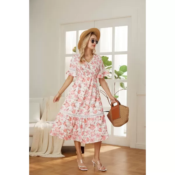 GRACE KARIN Womens 2023 Boho V Neck Short Flutter Sleeve Smocked Tiered Dress Empire Waist Ruffle Beach Long Maxi DressPink Flower