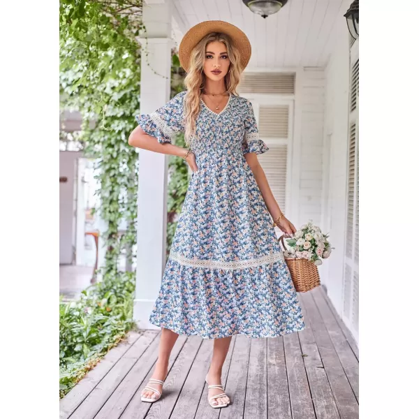GRACE KARIN Womens 2023 Boho V Neck Short Flutter Sleeve Smocked Tiered Dress Empire Waist Ruffle Beach Long Maxi DressPurple Yellow Flower