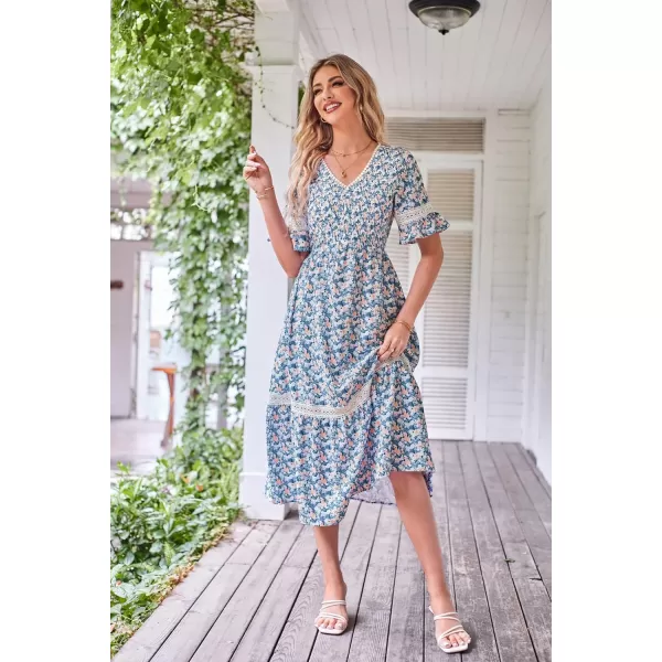 GRACE KARIN Womens 2023 Boho V Neck Short Flutter Sleeve Smocked Tiered Dress Empire Waist Ruffle Beach Long Maxi DressPurple Yellow Flower