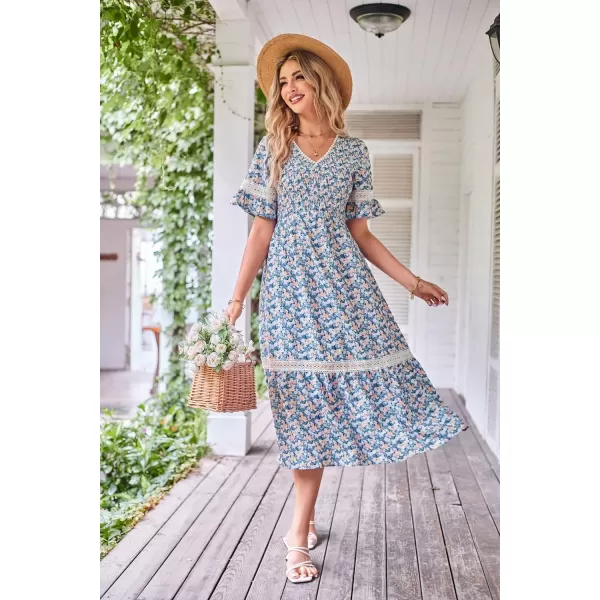 GRACE KARIN Womens 2023 Boho V Neck Short Flutter Sleeve Smocked Tiered Dress Empire Waist Ruffle Beach Long Maxi DressPurple Yellow Flower
