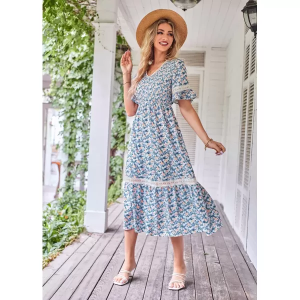 GRACE KARIN Womens 2023 Boho V Neck Short Flutter Sleeve Smocked Tiered Dress Empire Waist Ruffle Beach Long Maxi DressPurple Yellow Flower