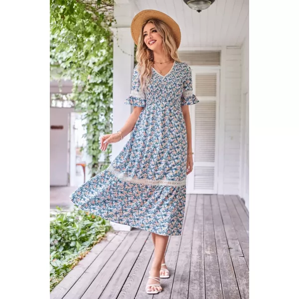 GRACE KARIN Womens 2023 Boho V Neck Short Flutter Sleeve Smocked Tiered Dress Empire Waist Ruffle Beach Long Maxi DressPurple Yellow Flower