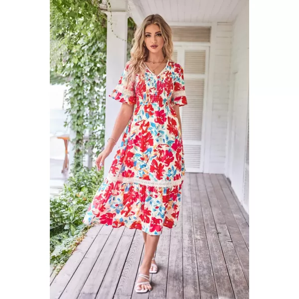 GRACE KARIN Womens 2023 Boho V Neck Short Flutter Sleeve Smocked Tiered Dress Empire Waist Ruffle Beach Long Maxi DressRed Blue Flower