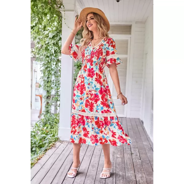 GRACE KARIN Womens 2023 Boho V Neck Short Flutter Sleeve Smocked Tiered Dress Empire Waist Ruffle Beach Long Maxi DressRed Blue Flower