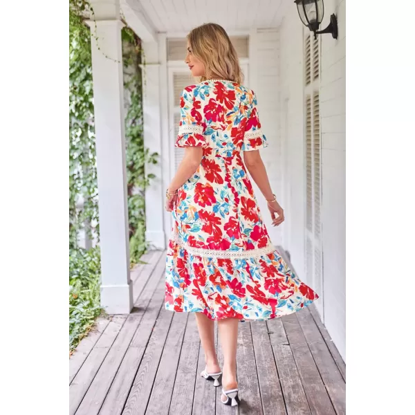 GRACE KARIN Womens 2023 Boho V Neck Short Flutter Sleeve Smocked Tiered Dress Empire Waist Ruffle Beach Long Maxi DressRed Blue Flower