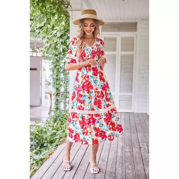 GRACE KARIN Womens 2023 Boho V Neck Short Flutter Sleeve Smocked Tiered Dress Empire Waist Ruffle Beach Long Maxi DressRed Blue Flower