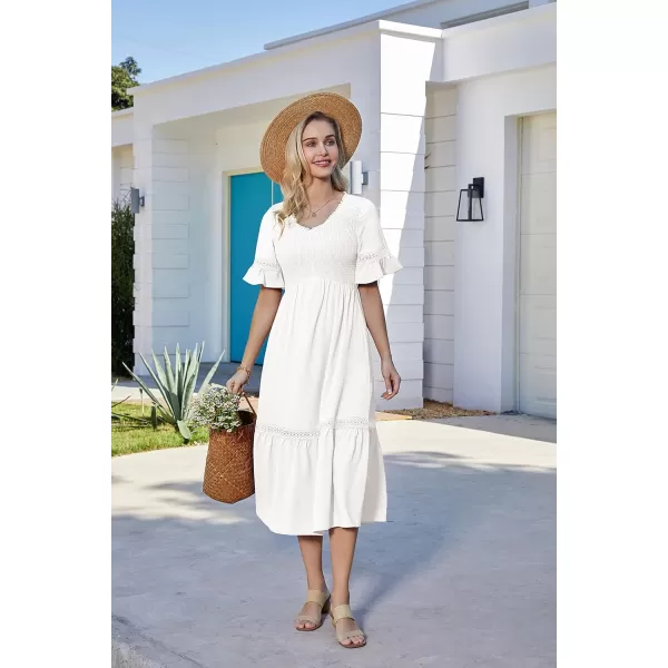 GRACE KARIN Womens 2023 Boho V Neck Short Flutter Sleeve Smocked Tiered Dress Empire Waist Ruffle Beach Long Maxi DressWhite