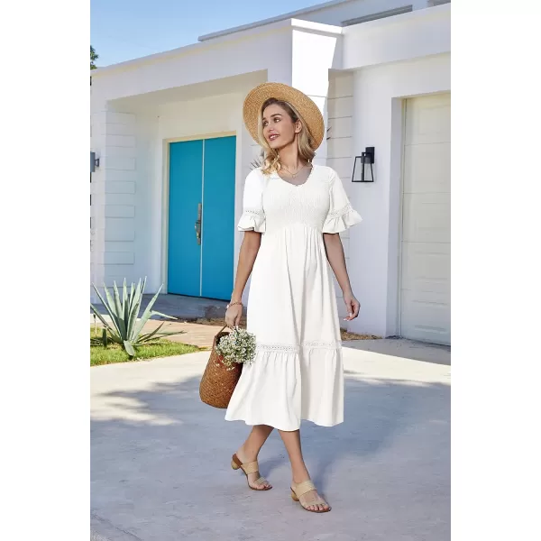 GRACE KARIN Womens 2023 Boho V Neck Short Flutter Sleeve Smocked Tiered Dress Empire Waist Ruffle Beach Long Maxi DressWhite