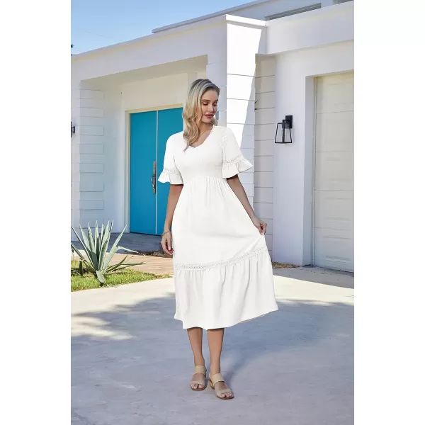 GRACE KARIN Womens 2023 Boho V Neck Short Flutter Sleeve Smocked Tiered Dress Empire Waist Ruffle Beach Long Maxi DressWhite