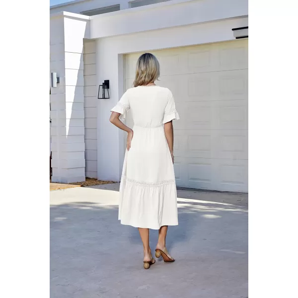 GRACE KARIN Womens 2023 Boho V Neck Short Flutter Sleeve Smocked Tiered Dress Empire Waist Ruffle Beach Long Maxi DressWhite