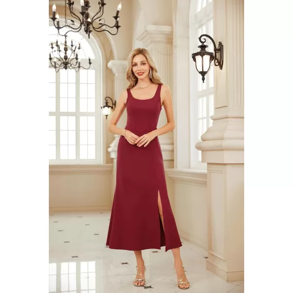GRACE KARIN Womens 2023 Elegant Square Neck Split Formal Dress for Wedding Guest Cocktail Evening PartyWine