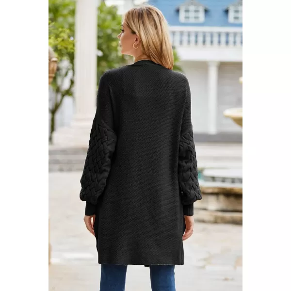 GRACE KARIN Womens 2023 Fall Long Sleeve Waffle Knit Cardigan Chunky Open Front Long Loose Sweater Coat with PocketsBlack