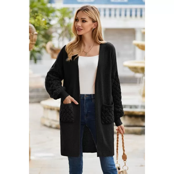 GRACE KARIN Womens 2023 Fall Long Sleeve Waffle Knit Cardigan Chunky Open Front Long Loose Sweater Coat with PocketsBlack