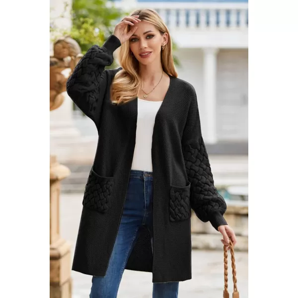 GRACE KARIN Womens 2023 Fall Long Sleeve Waffle Knit Cardigan Chunky Open Front Long Loose Sweater Coat with PocketsBlack