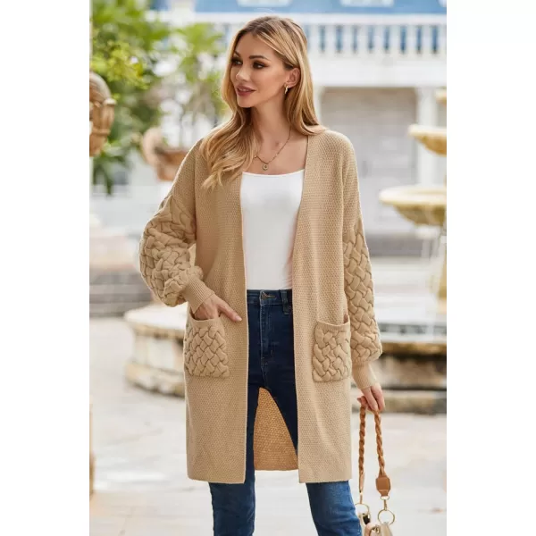 GRACE KARIN Womens 2023 Fall Long Sleeve Waffle Knit Cardigan Chunky Open Front Long Loose Sweater Coat with PocketsKhaki