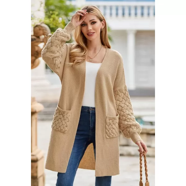 GRACE KARIN Womens 2023 Fall Long Sleeve Waffle Knit Cardigan Chunky Open Front Long Loose Sweater Coat with PocketsKhaki