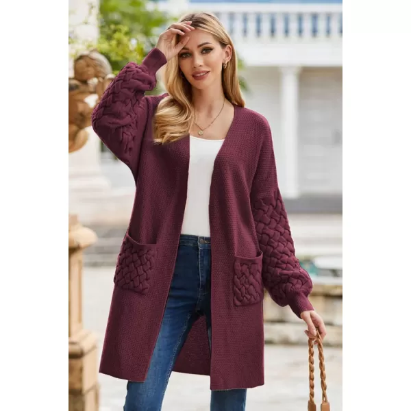 GRACE KARIN Womens 2023 Fall Long Sleeve Waffle Knit Cardigan Chunky Open Front Long Loose Sweater Coat with PocketsWine Red