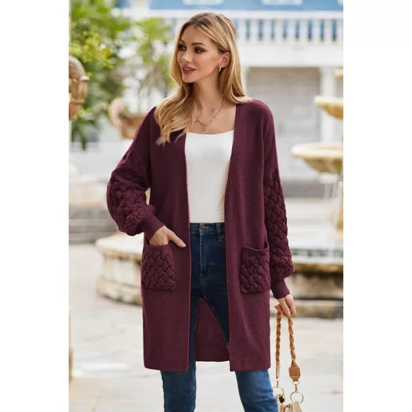 GRACE KARIN Womens 2023 Fall Long Sleeve Waffle Knit Cardigan Chunky Open Front Long Loose Sweater Coat with PocketsWine Red