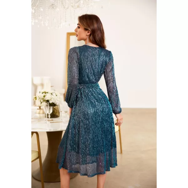 GRACE KARIN Womens 2023 Flowy Wrap V Neck Long Sleeve Midi Dress Glitter Chiffon Wedding Guest Dress with BeltDazzling Blue