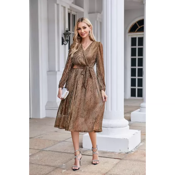 GRACE KARIN Womens 2023 Flowy Wrap V Neck Long Sleeve Midi Dress Glitter Chiffon Wedding Guest Dress with BeltDazzling Gold