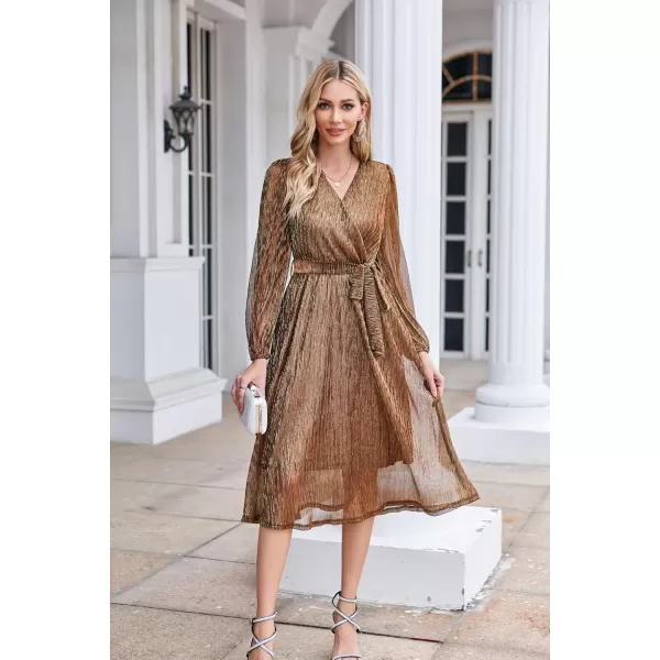 GRACE KARIN Womens 2023 Flowy Wrap V Neck Long Sleeve Midi Dress Glitter Chiffon Wedding Guest Dress with BeltDazzling Gold