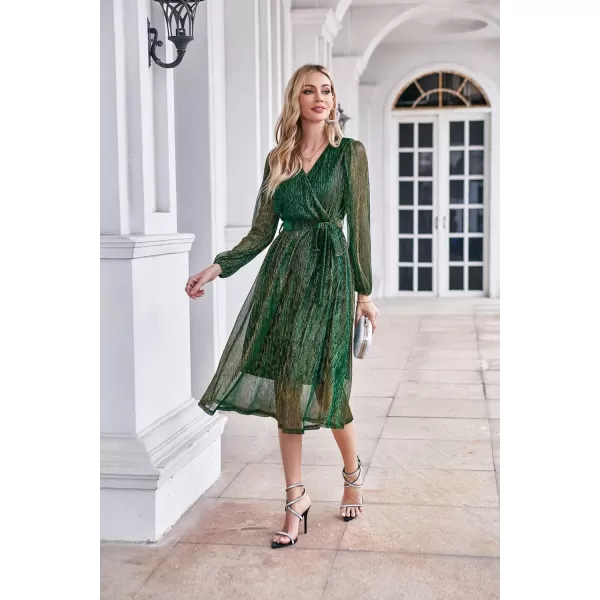 GRACE KARIN Womens 2023 Flowy Wrap V Neck Long Sleeve Midi Dress Glitter Chiffon Wedding Guest Dress with BeltDazzling Green