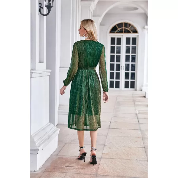 GRACE KARIN Womens 2023 Flowy Wrap V Neck Long Sleeve Midi Dress Glitter Chiffon Wedding Guest Dress with BeltDazzling Green