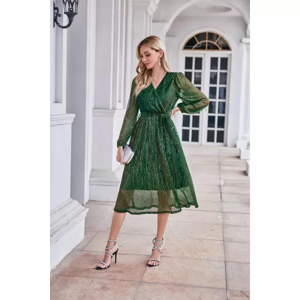 GRACE KARIN Womens 2023 Flowy Wrap V Neck Long Sleeve Midi Dress Glitter Chiffon Wedding Guest Dress with BeltDazzling Green