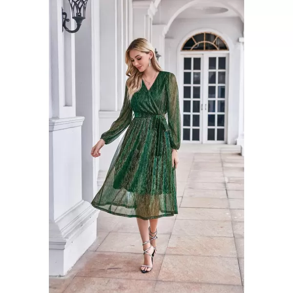 GRACE KARIN Womens 2023 Flowy Wrap V Neck Long Sleeve Midi Dress Glitter Chiffon Wedding Guest Dress with BeltDazzling Green