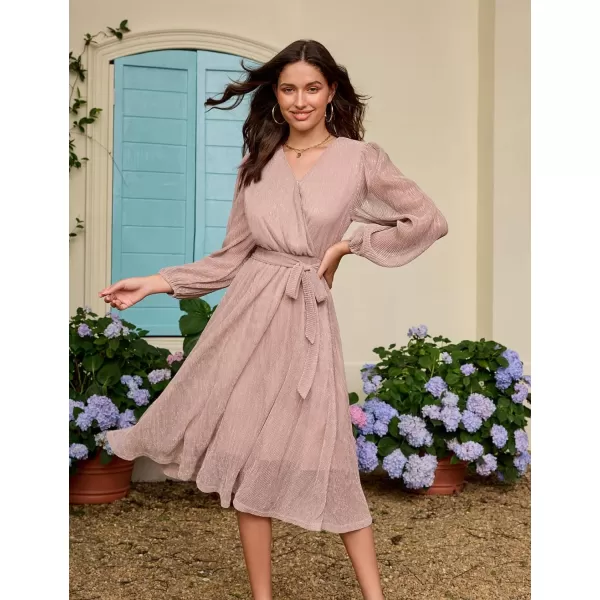 GRACE KARIN Womens 2023 Flowy Wrap V Neck Long Sleeve Midi Dress Glitter Chiffon Wedding Guest Dress with BeltLight Pink