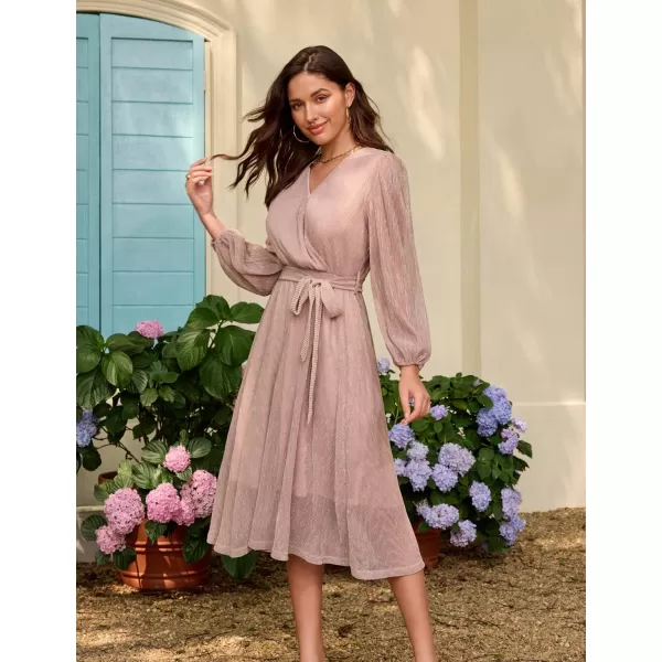 GRACE KARIN Womens 2023 Flowy Wrap V Neck Long Sleeve Midi Dress Glitter Chiffon Wedding Guest Dress with BeltLight Pink