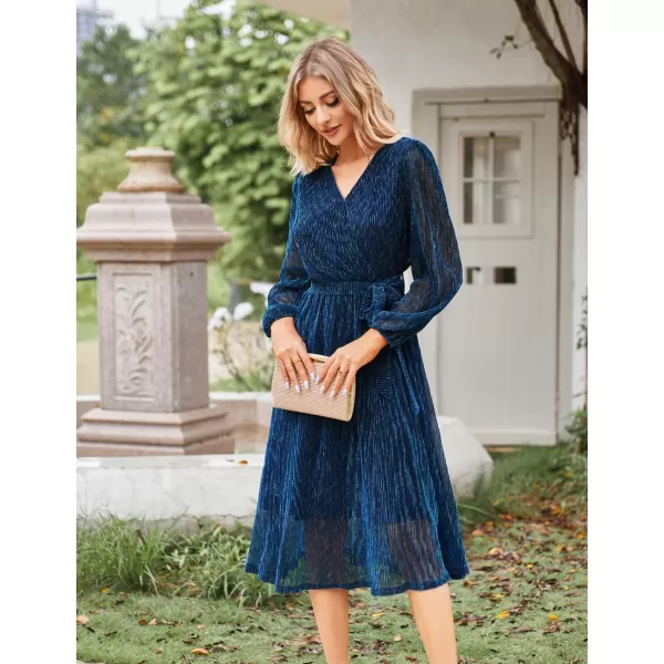 GRACE KARIN Womens 2023 Flowy Wrap V Neck Long Sleeve Midi Dress Glitter Chiffon Wedding Guest Dress with BeltNavy Blue