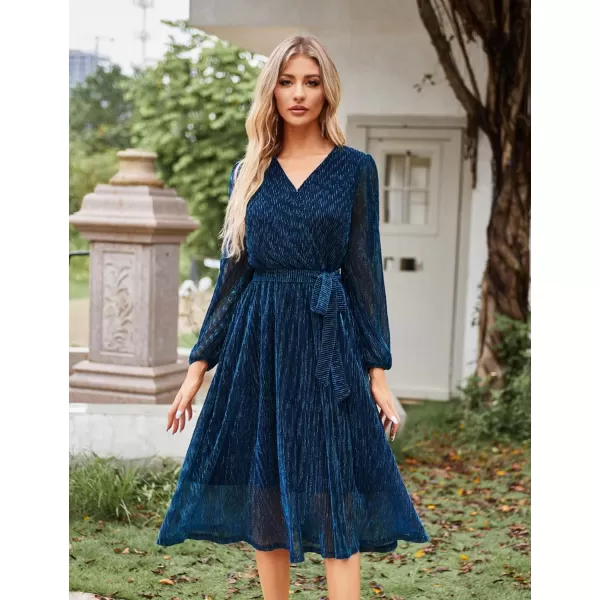 GRACE KARIN Womens 2023 Flowy Wrap V Neck Long Sleeve Midi Dress Glitter Chiffon Wedding Guest Dress with BeltNavy Blue