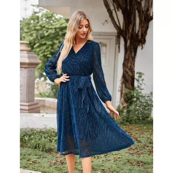 GRACE KARIN Womens 2023 Flowy Wrap V Neck Long Sleeve Midi Dress Glitter Chiffon Wedding Guest Dress with BeltNavy Blue