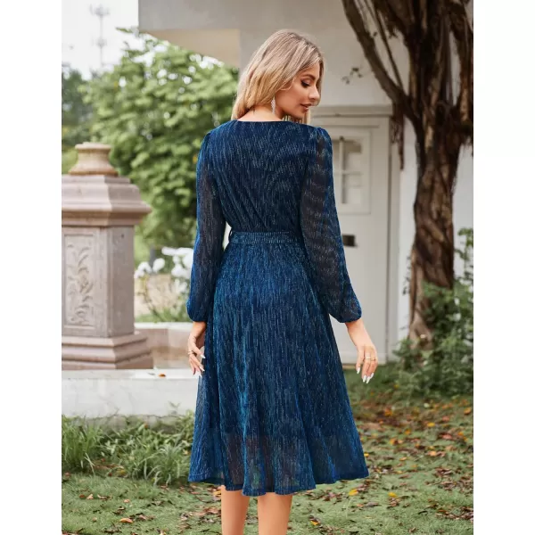 GRACE KARIN Womens 2023 Flowy Wrap V Neck Long Sleeve Midi Dress Glitter Chiffon Wedding Guest Dress with BeltNavy Blue