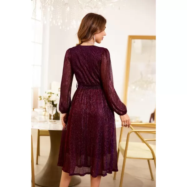 GRACE KARIN Womens 2023 Flowy Wrap V Neck Long Sleeve Midi Dress Glitter Chiffon Wedding Guest Dress with BeltPurple Red